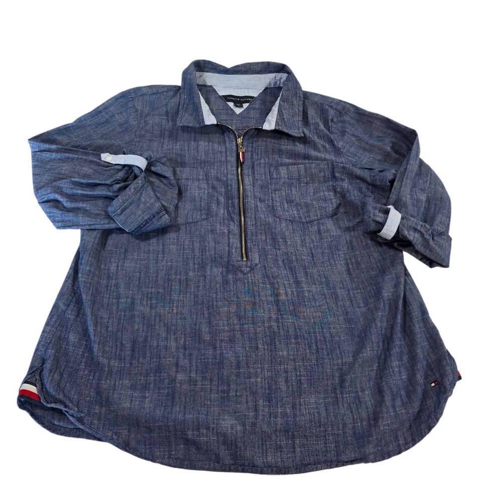TOMMY HILFIGER Chambray 1/4 Zip Women's Tunic Shirt Blue Size L Practical Luxury